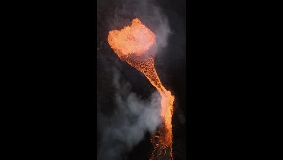 Icelandic eruption: aerial view of Geldingadalir volcano lava flow 