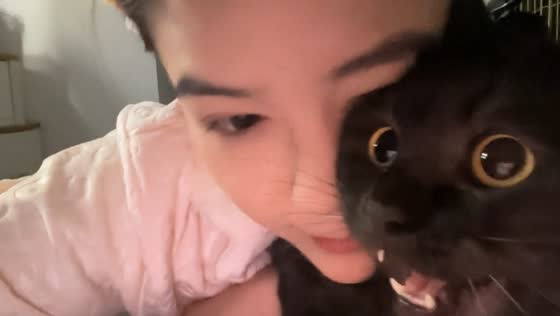 Sweet bonding moment with a squeaky black cat in Zhejiang, China