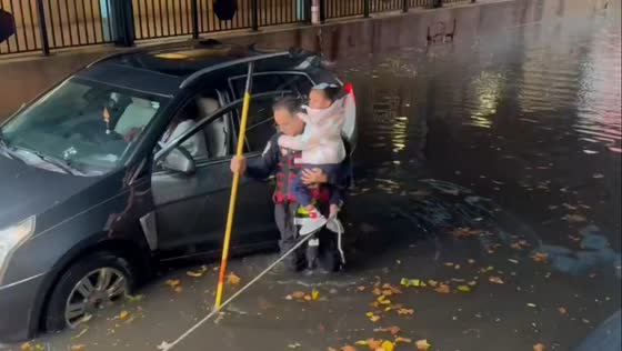 Severe flooding strands car in Bayonne, New Jersey, USA