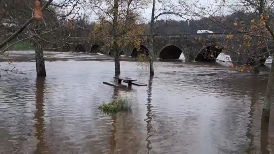 Riverside park submerged by rising River Nore in Inistioge, County Kilkenny, Ireland
