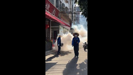 Mosquito fogging in street to prevent chikungunya fever in Guangdong, China