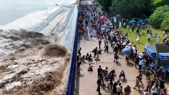 Qiantang River tidal bore overwhelms barrier in Zhejiang, China