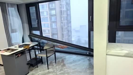Tropical Storm Dolphin damages apartment window, Zhejiang, China