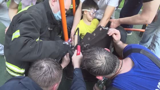 Firefighters rescue boy whose finger became trapped in playground equipment in Moscow, Russia