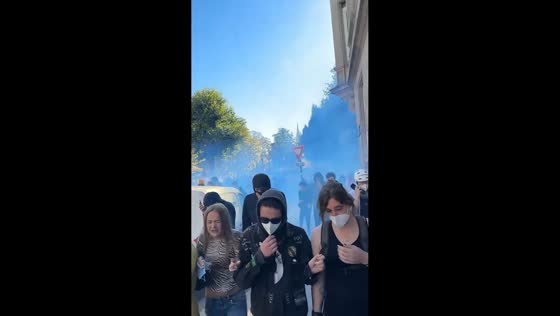 Tear gas fills the streets during education protest in Strasbourg, France