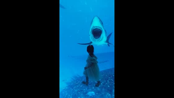 Girl scared by shark in 3D museum experience in Guangxi, China
