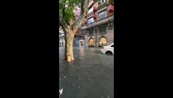 Murky floodwater blankets street in Shanghai, China