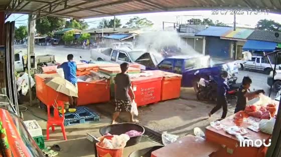 Speeding pickup causes chaos at market crash in Surat Thani, Thailand