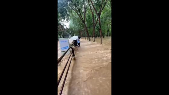 Pedestrians cling to handrail while crossing floodwaters in Liaoning, China