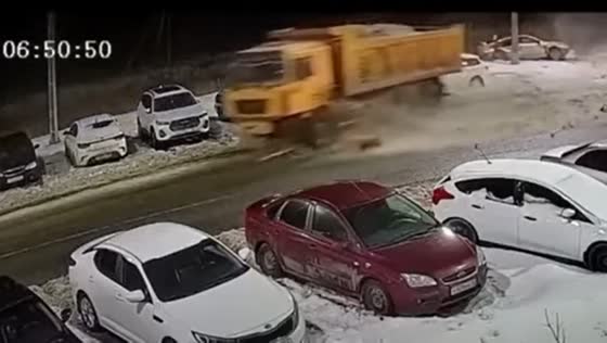 The truck driver fell asleep and crashed into parked cars.