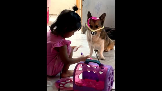 Little girl plays doctor with patient dog in Mexicali, Mexico