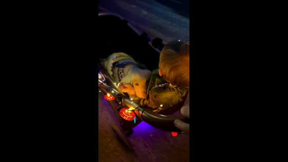 Puppy and child enjoy Halloween stroller ride in Lafayette, Louisiana, USA