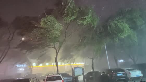Powerful wind and heavy rain batter street in Hebei, China