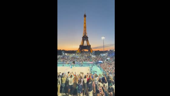 Eiffel Tower sparkles before USA beach volleyball match in Paris