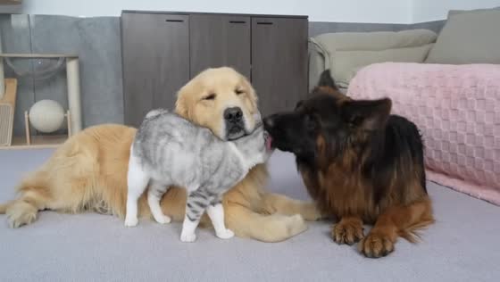 Cat bonds with golden retriever while German shepherd watches in Hebei, China