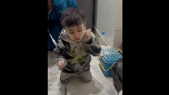 Child eats spilled food from the floor as family tries to intervene