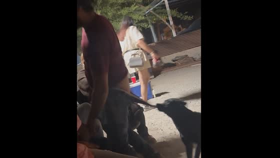 Dog pulls man's pants while he dances in Mexicali