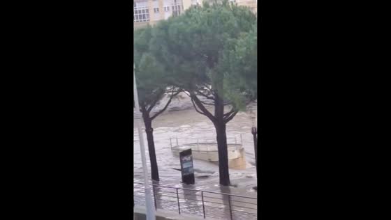 Rare Mediterranean storm floods Place Antigone in Montpellier, France