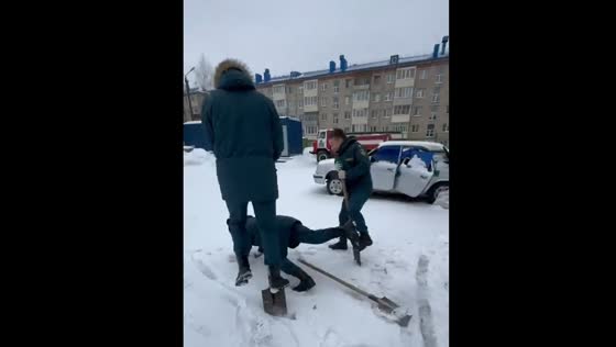 Three people jump on snow, one falls