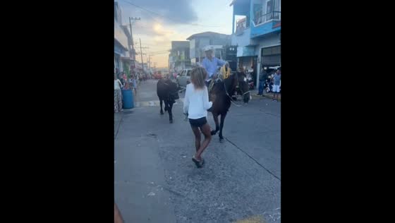 Parade dancer startled by approaching horse in Alvarado, Veracruz, Mexico