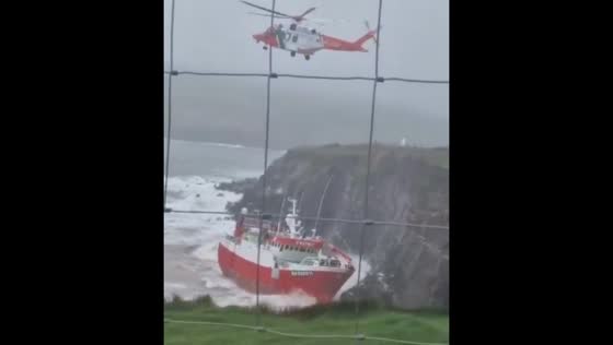 Coast Guard airlift rescues crew from grounded trawler in Kerry, Ireland