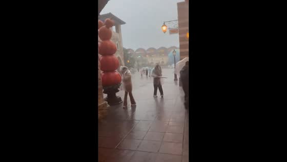 Heavy rain drenches visitors at Tokyo DisneySea during Typhoon Dujuan in Urayasu, Japan