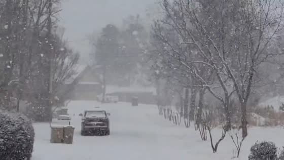Snowfall blankets Gainesville neighborhood during winter storm in Gainesville, Georgia, USA