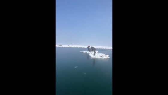 Fishermen use fishing rods to escape drifting ice floes in Sakhalin, Russia