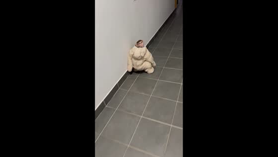 Monkey in jumpsuit follows boy in hallway in St. Petersburg, Russia