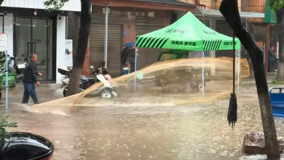 Man catches fish from flooded street during heavy rain in Hubei, China