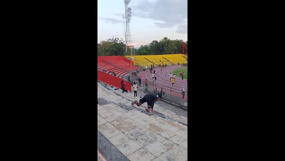 Man tumbles down stadium stairs during exercise in Padang, Indonesia