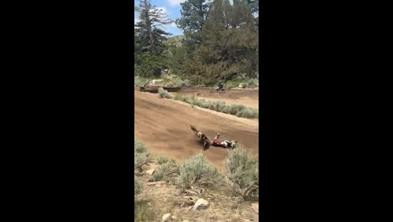 8-year-old motocross racer crashes but rides again in Mammoth Lakes, California, USA