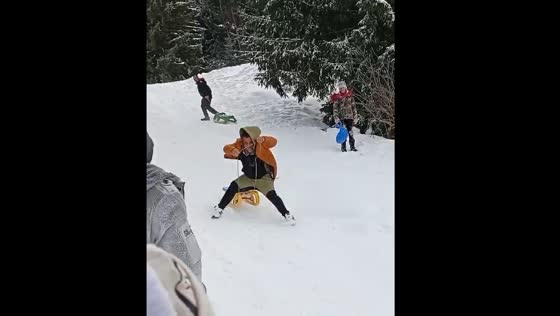 Person falls after getting off fast sleigh ride in Romania