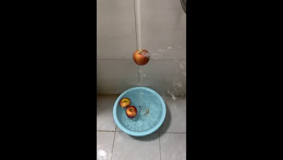 Apple appears to float beneath running water physics demonstration in Shandong, China