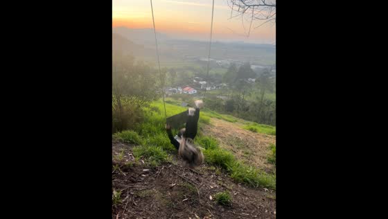 Woman flips off swing during sunset photo attempt in Penha, Santa Catarina, Brazil