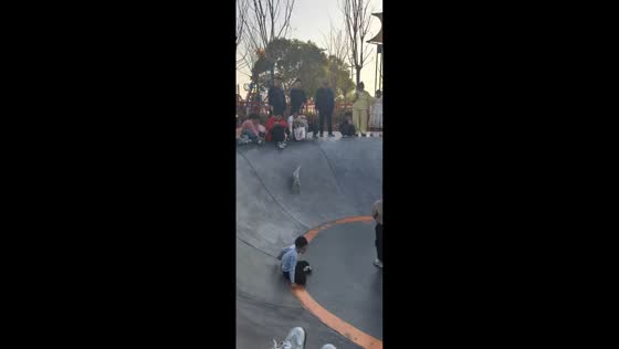 Dog slips on skatepark ramp before kids lend a helping hand in Hainan, China