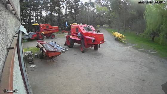 Man falls while jumping down from vintage combine harvester in General La Madrid, Argentina