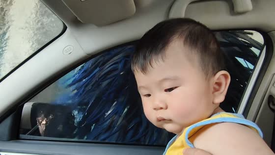 Toddler reacts to automated car wash from inside vehicle in Liaoning, China