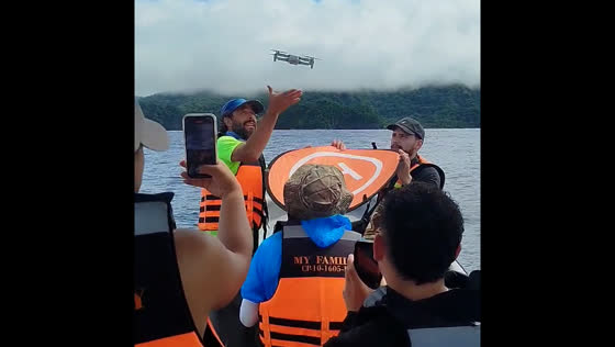 Drone landing improvisation sparks laughter on boat in Nuquí
