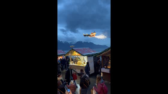 Santa's dazzling daily flights over Montreux's Christmas Market: a magical evening spectacle