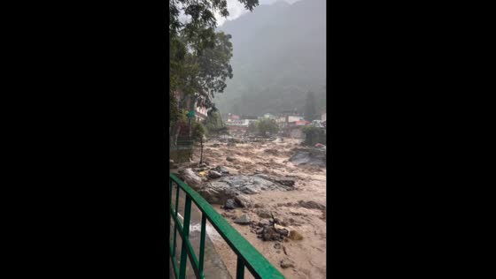 Monsoon-swollen river surges through Sahastra Dhara, India