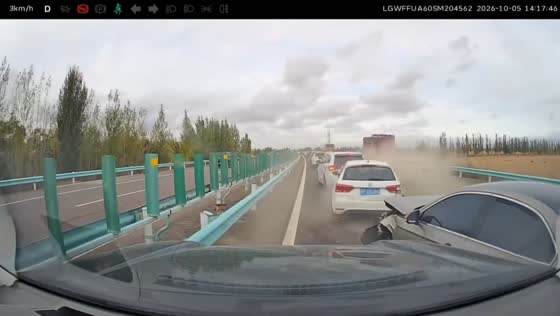 Car rear-ends a vehicle after traffic suddenly slows on a divided highway in Xinjiang, China