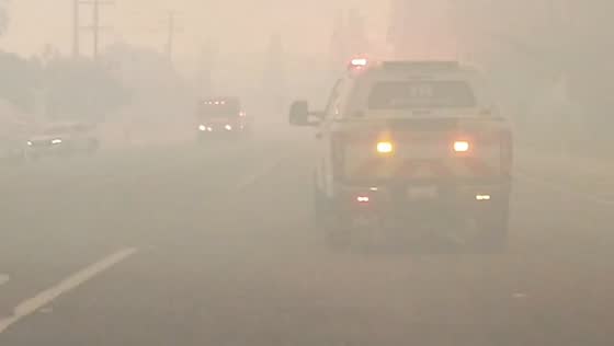 Dense wildfire smoke causes near-zero visibility during Bain Fire in California, USA