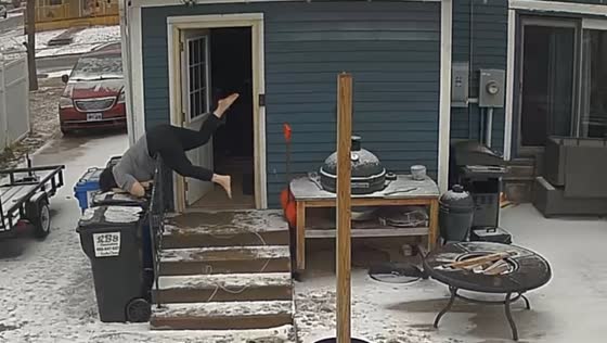 Woman slips and hits face in garbage bin in Sioux Falls, South Dakota, USA