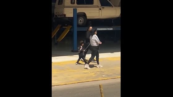 Mother walks son on leash while engaging in conversation
