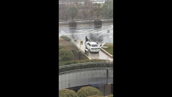 Man struggles to move stone ball blocking driveway in Zhejiang, China