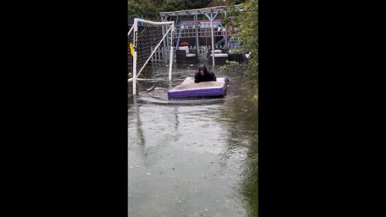 Garden flooded after heavy rain in Swindon, UK