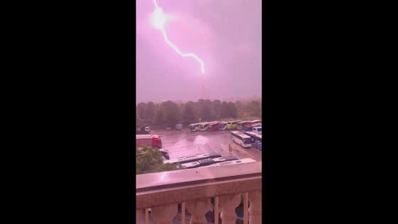 Lightning strike hits telecommunications tower during severe storms in Salou, Spain