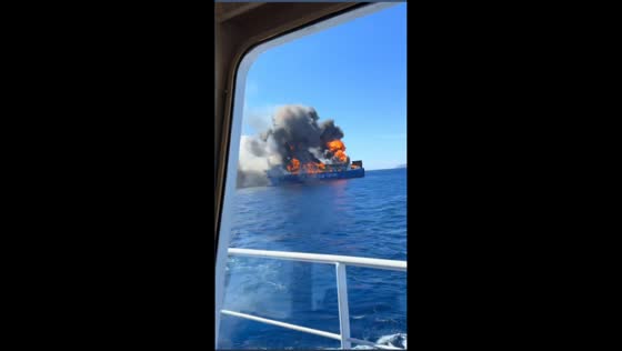 Greek cargo ferry Blue Carrier 2 catches fire at sea north of Mykonos, Greece