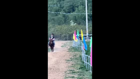 Woman loses grip and falls while hanging from running horse in Gansu, China
